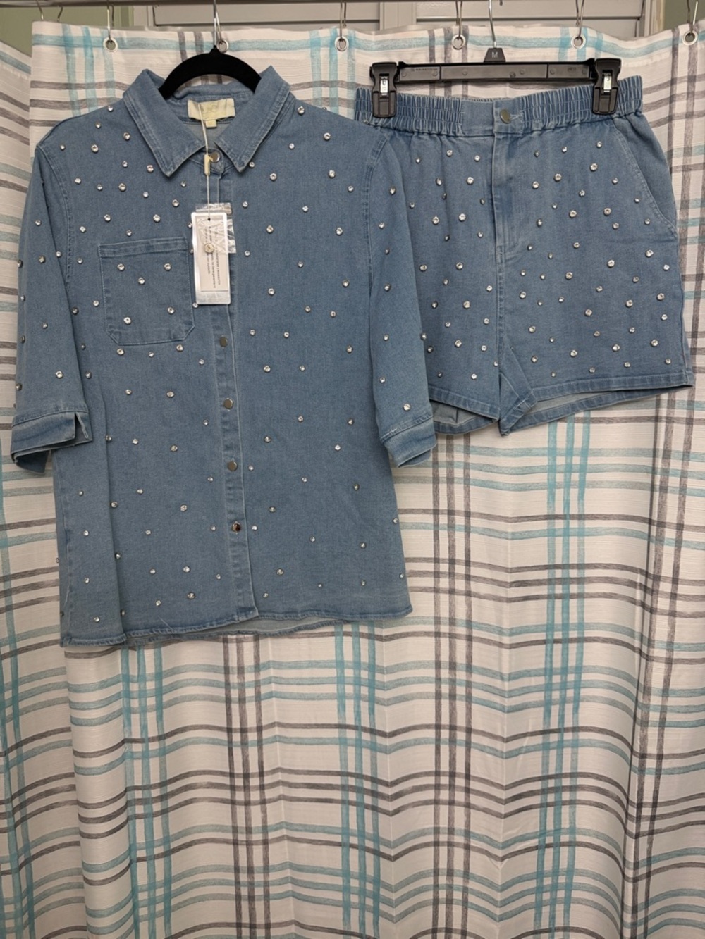 Light Wash Studded Denim Shirt & Shorts Set